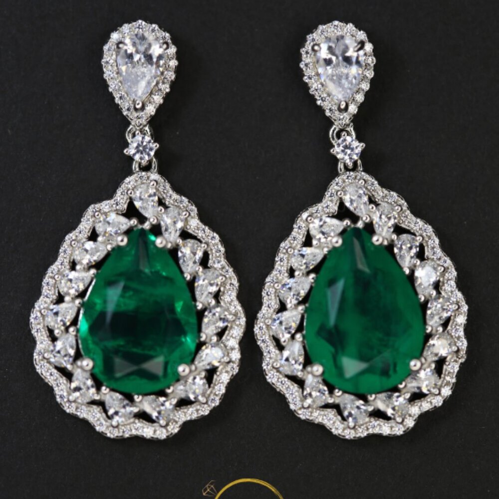 Teardrop Earrings with Emerald Green CZ and Clear CZ in Sterling Silver .925 - Picture 3 of 6